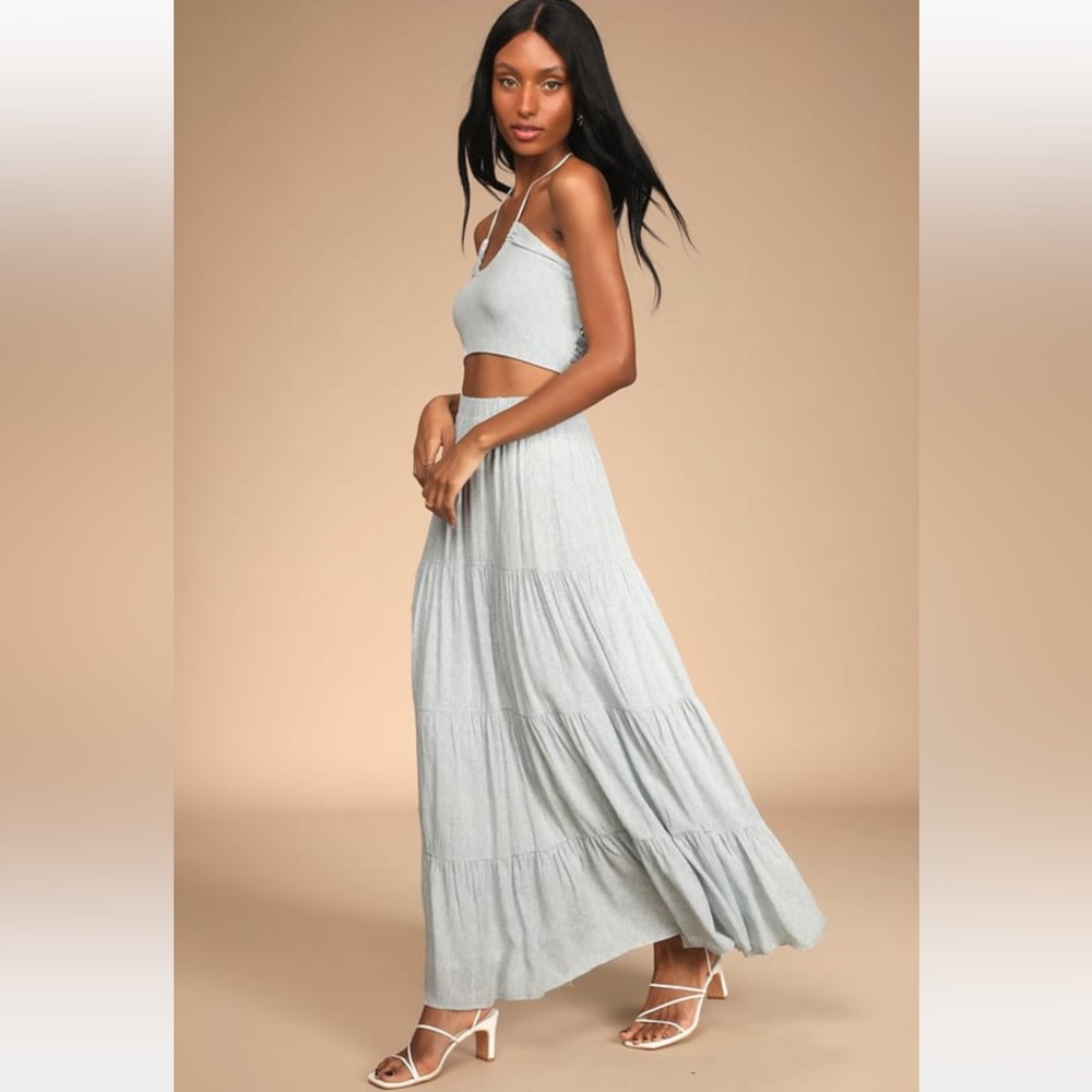 NWT Lulus My Perfect Day Blue And White Print Tiered Two-Piece Maxi Dress